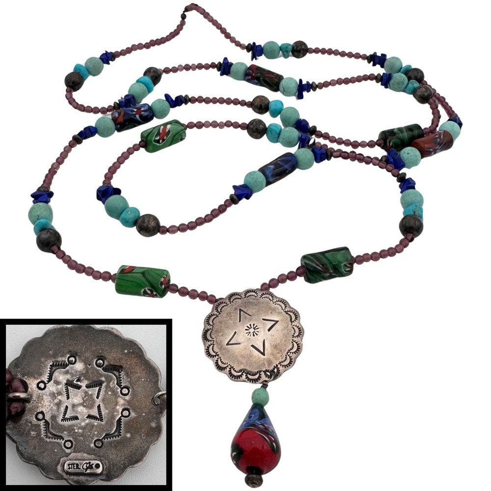 Signed‎ Carlisle Sterling Necklace Beads Gemstones Star Native American Rare 53"
